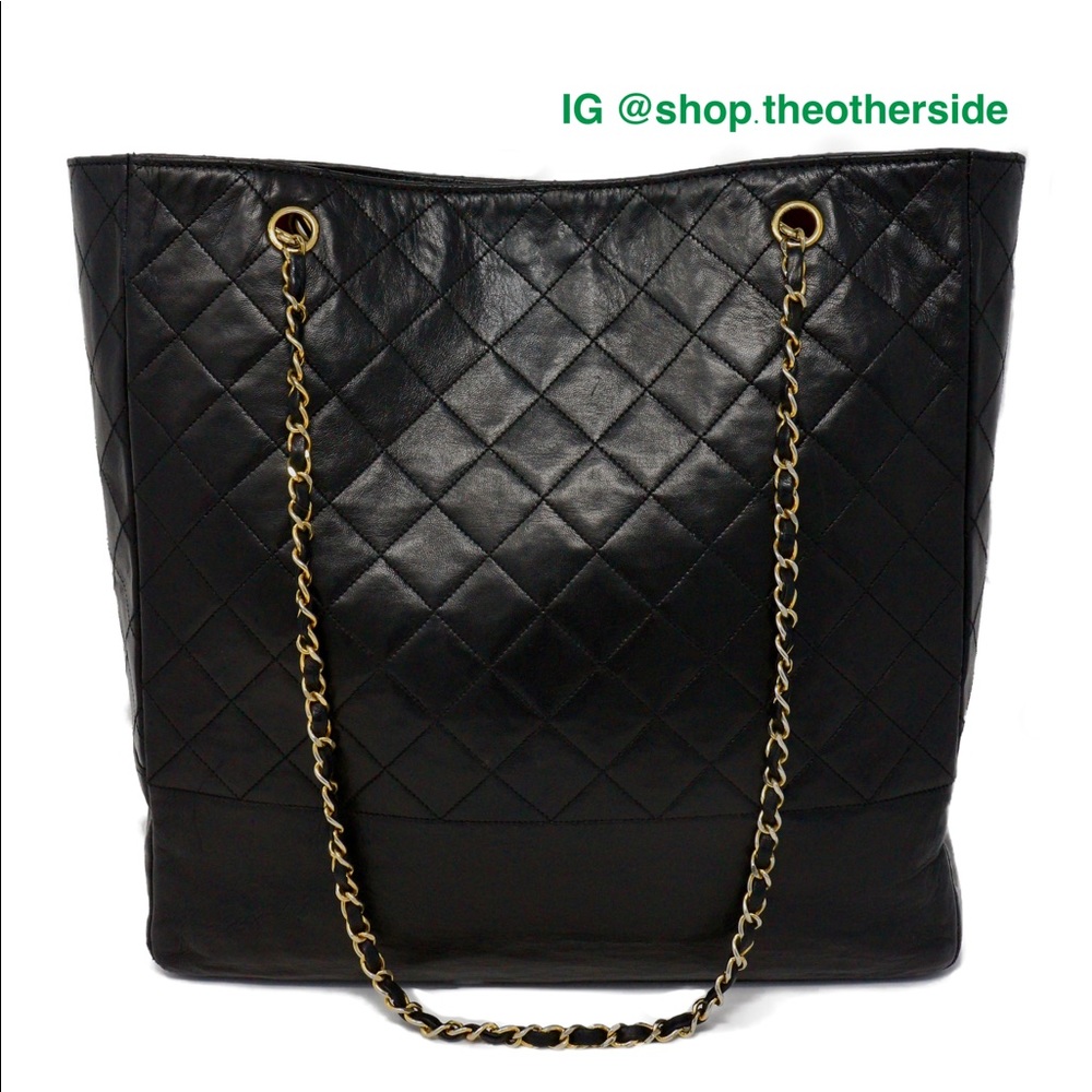 Chanel Vintage Quilted Lambskin Chain Tote Black
